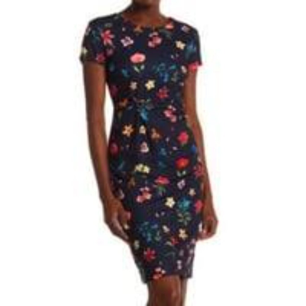 Tahari | Floral Blue and Red Sheath Dress with Dolman Sleeves